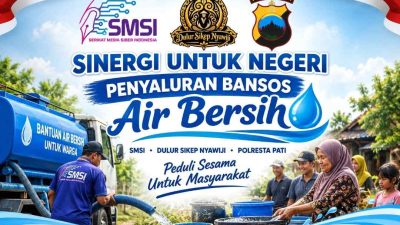 Peduli Warga Terdampak Kekeringan, SMSI dan Dulur Sikep Nyawiji Gandeng Polresta Pati Salurkan Air Bersih